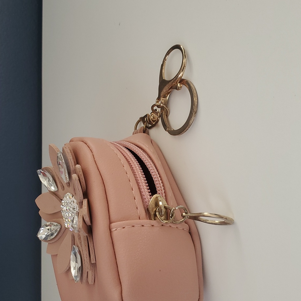 Pink Mini Backpack Keychain – Coin Purse Bag Charm w/ Rhinestone Flower - Picture 8 of 12